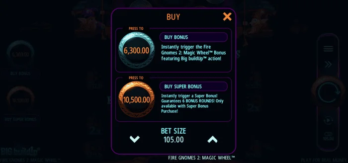 Fire Gnomes 2 Magic Wheel - menu zakupu bonusu